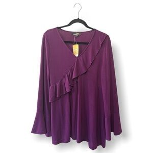 Suzanne Betro Purple V Neck Ruffle Front Asymmetrical Hem Soft Knit Blouse NWT